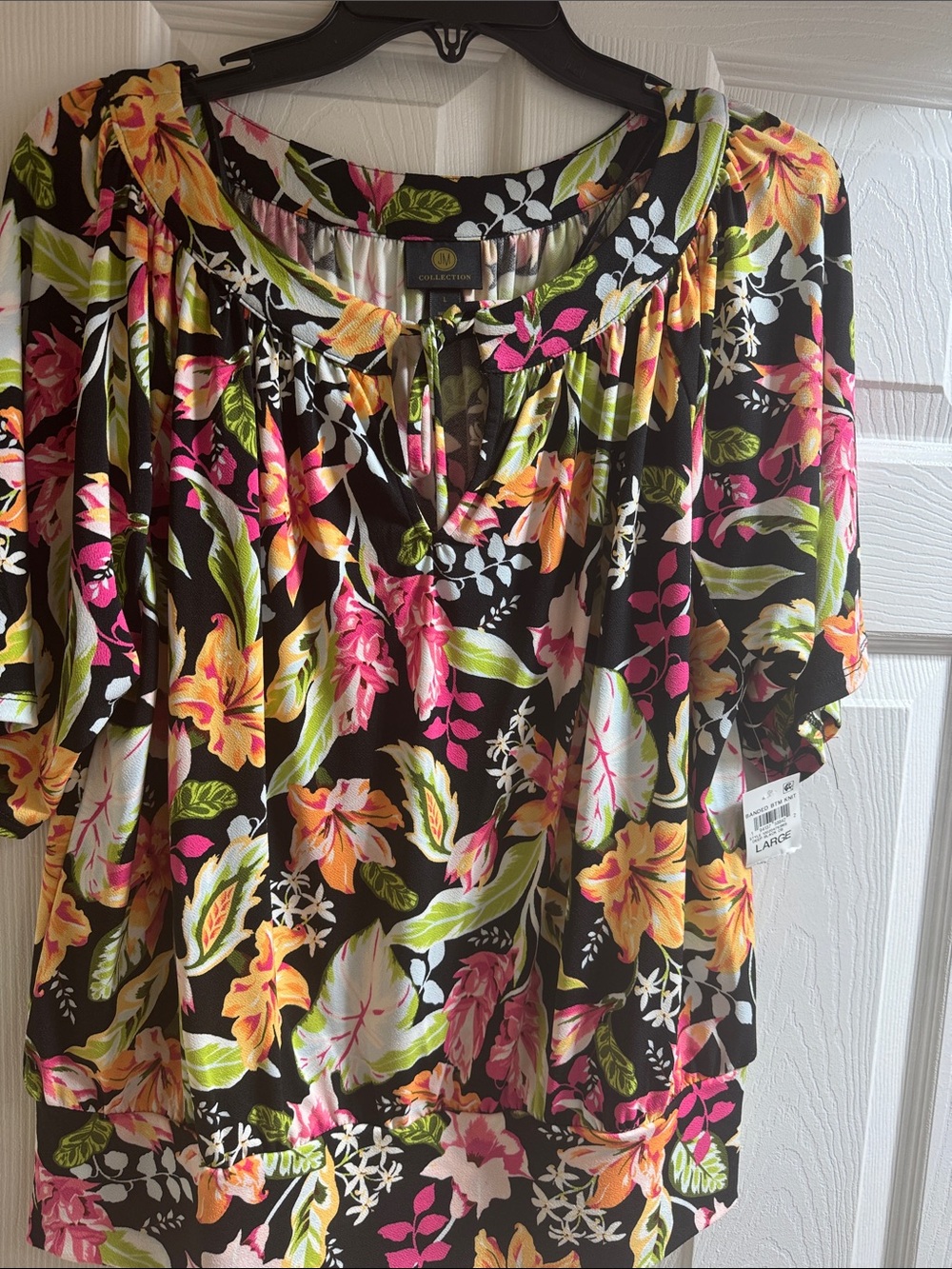 JM Collection Black Floral Short-Sleeve Blouse with Pink & Yellow Blooms